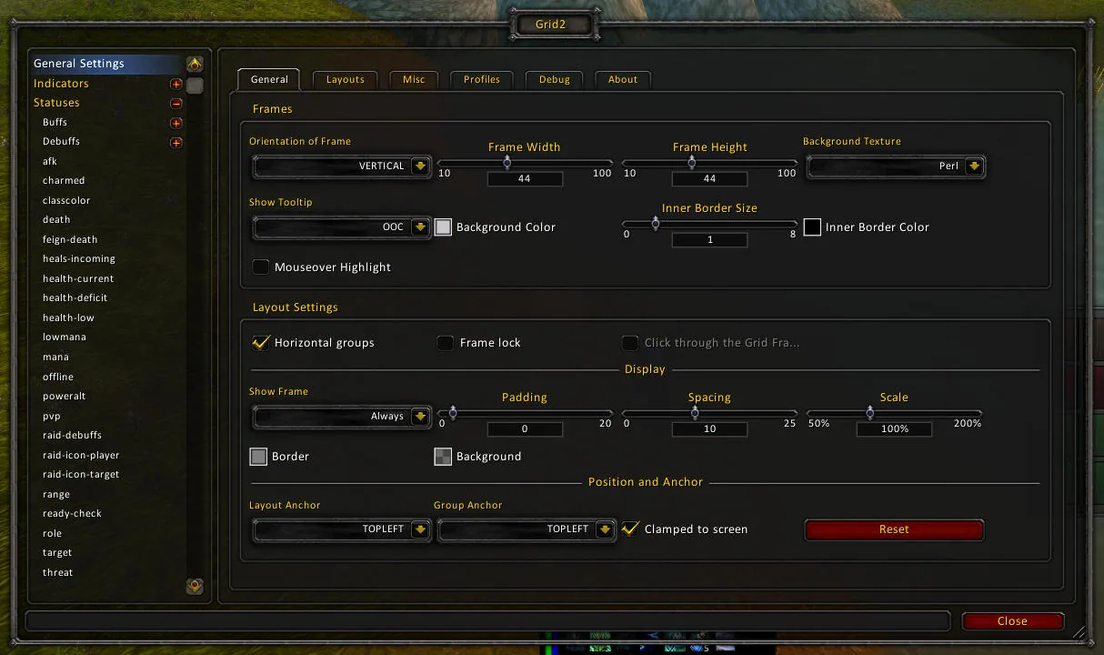 The Grid2 options window on the General tab with frame size, layout and anchor settings and the list of statuses on the left