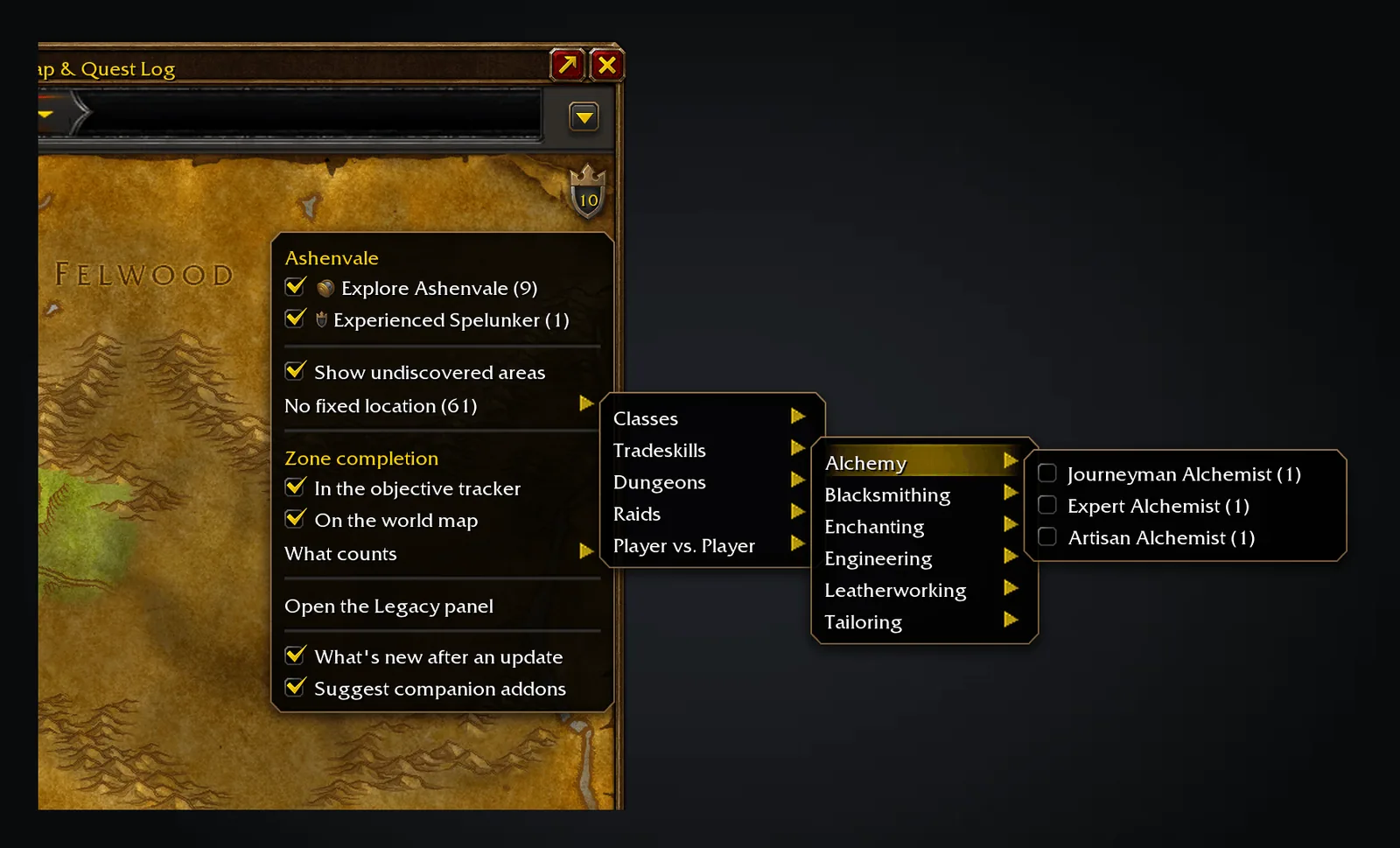 The Legacy map menu with tick boxes to track challenges, grouped by type