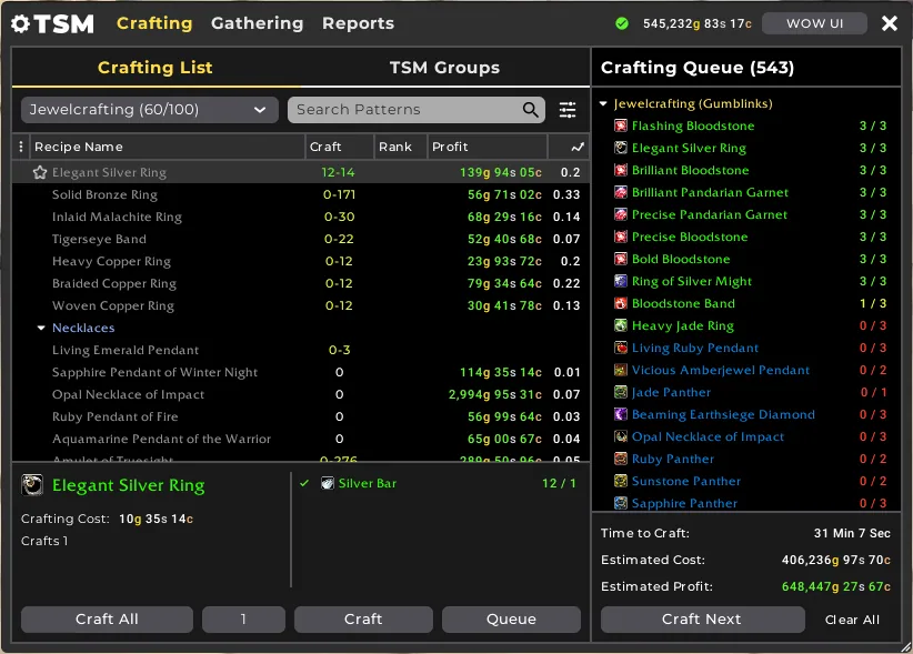 The TSM Crafting window with a Jewelcrafting recipe list, profit per craft and a crafting queue