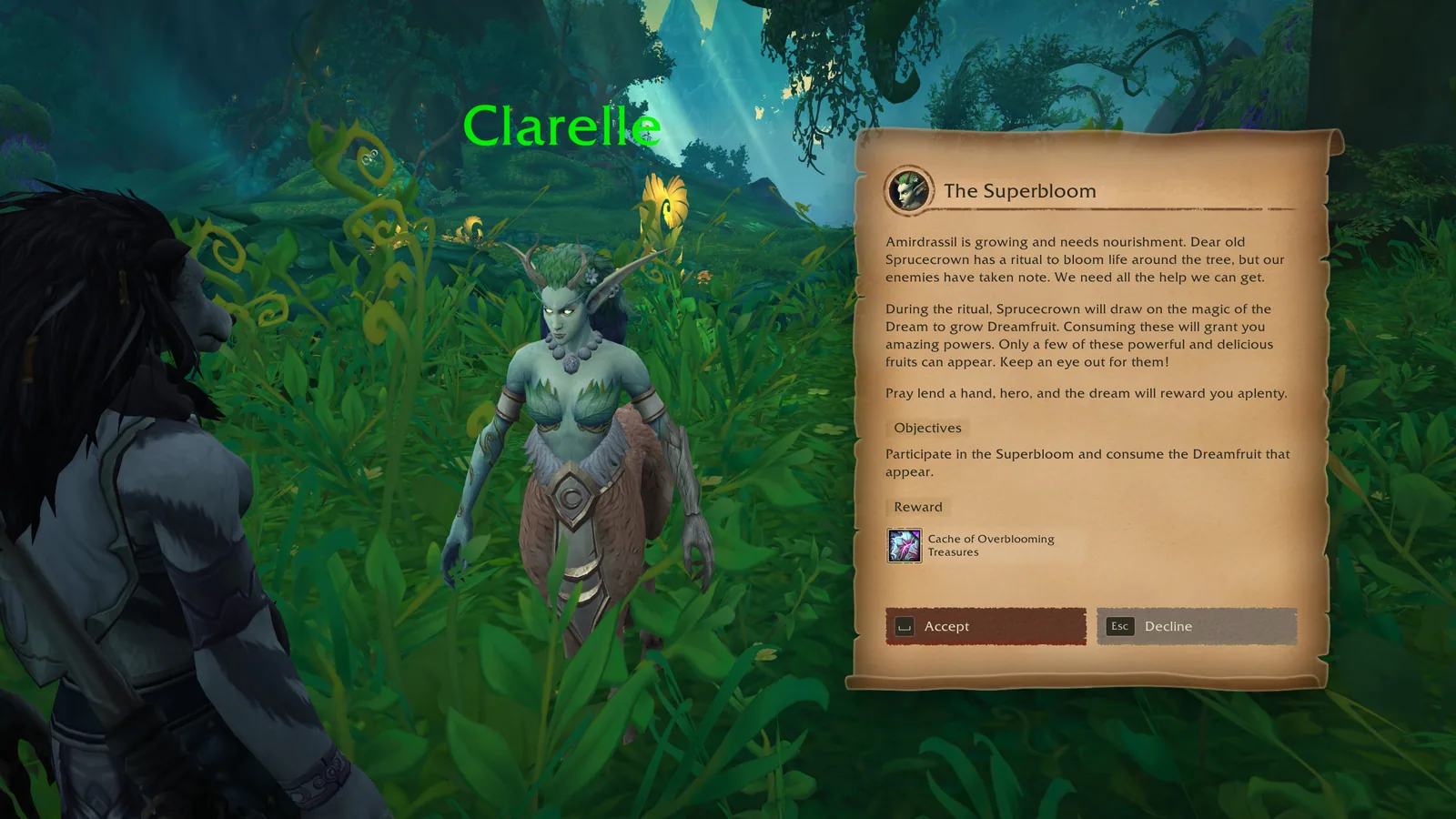 A quest panel with parchment look next to the quest giver, with objectives, a reward and Accept and Decline buttons.