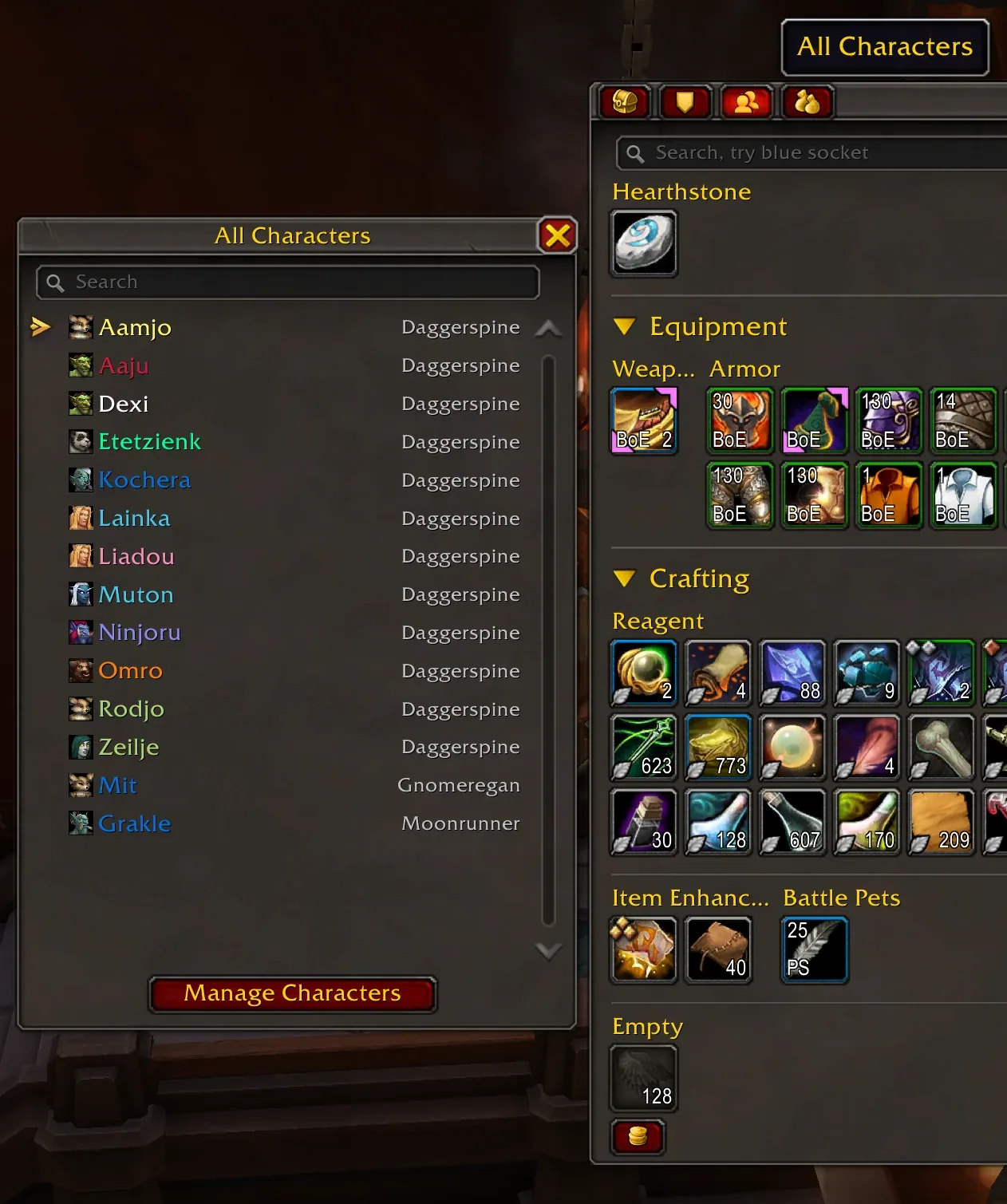 Baganator All Characters list next to another character's bags