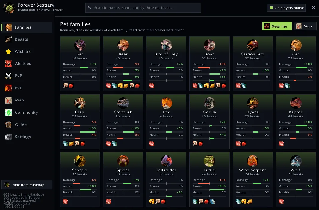 The Families page with a card per pet family showing damage, armor and health bonuses and the abilities it brings