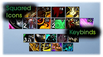 Cooldown Manager icons as squares with a keybind letter in the corner of each icon.