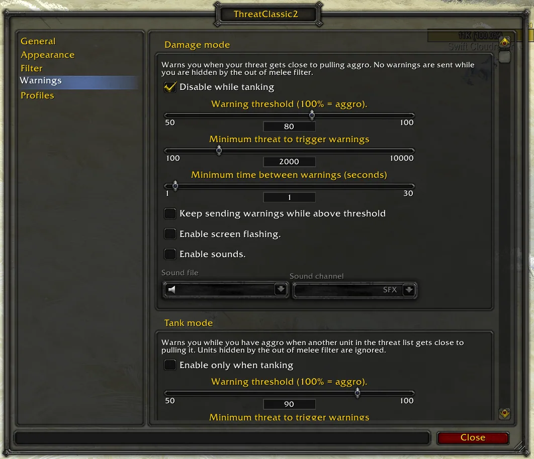 The Warnings page with damage mode and tank mode thresholds, minimum threat, time between warnings, screen flash and sound switches