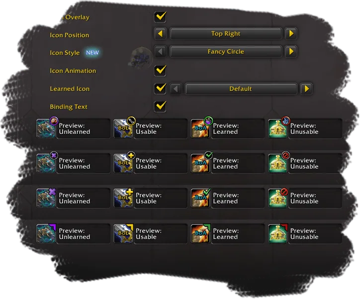 The Transmog Loot Helper settings with icon position, icon style and animation options above four rows of preview items in each style