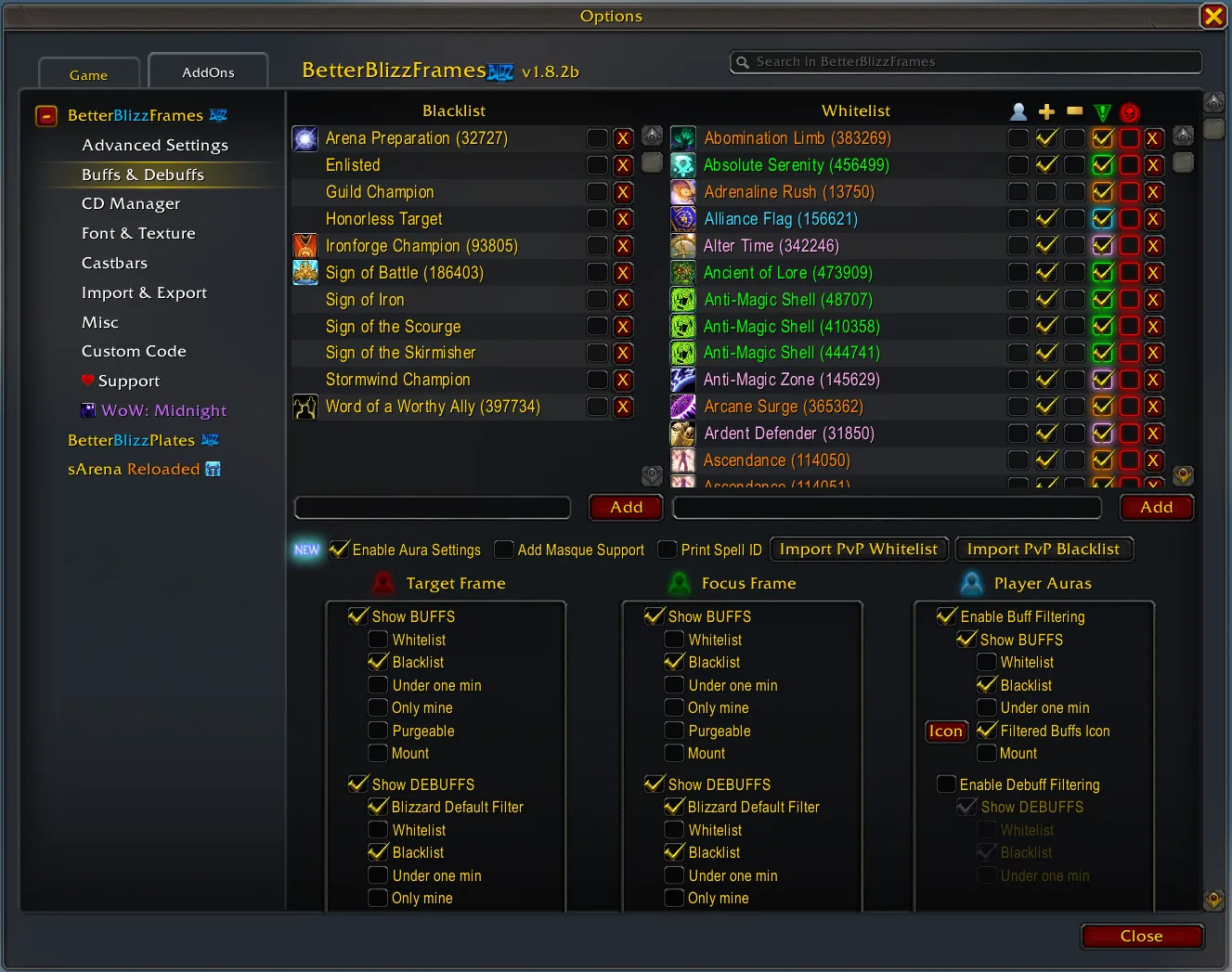 The Auras page of the settings