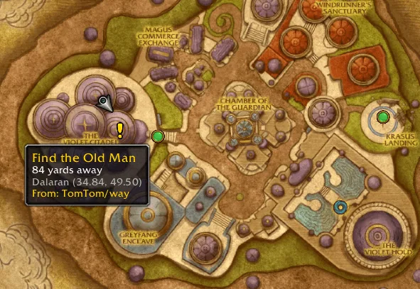 A waypoint on the world map of Dalaran with a tooltip showing the name, distance and coordinates, set by TomTom.