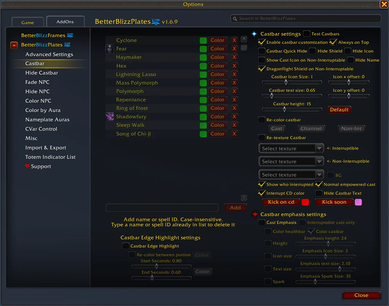 The Castbar tab of the settings with a list of spells to highlight and options for castbar size, colors and who interrupted.