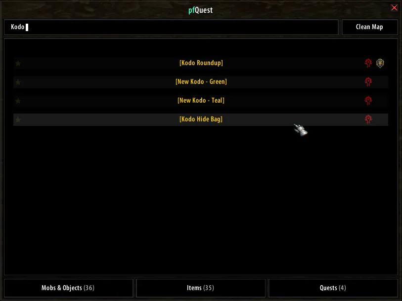 The database browser on the quests tab.