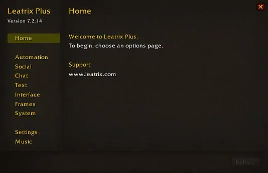 Leatrix Plus options window with its pages Automation, Social, Chat, Text, Interface, Frames and System