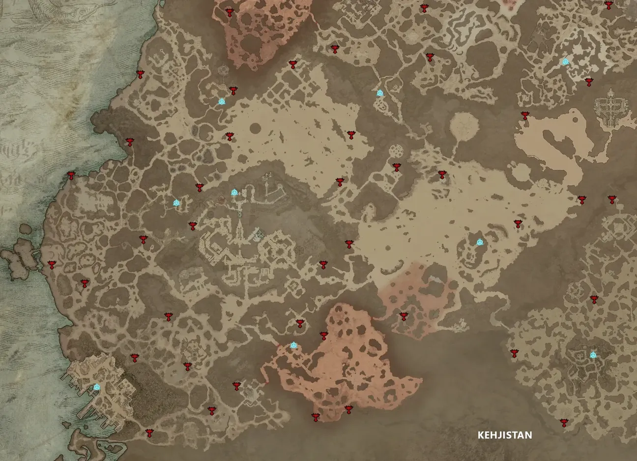 Karte von Kehjistan in Diablo 4 mit roten Symbolen für alle Altäre von Lilith und blauen Symbolen für Wegpunkte