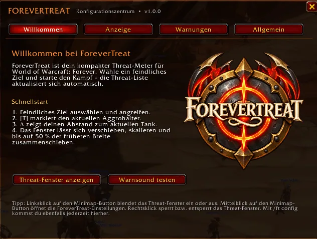 The ForeverThreat settings window on its Welcome tab with a short quick start and the addon logo