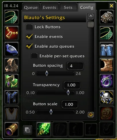 The Config tab with Lock Buttons, Enable events and Enable auto queues options and sliders for button spacing, transparency and scale