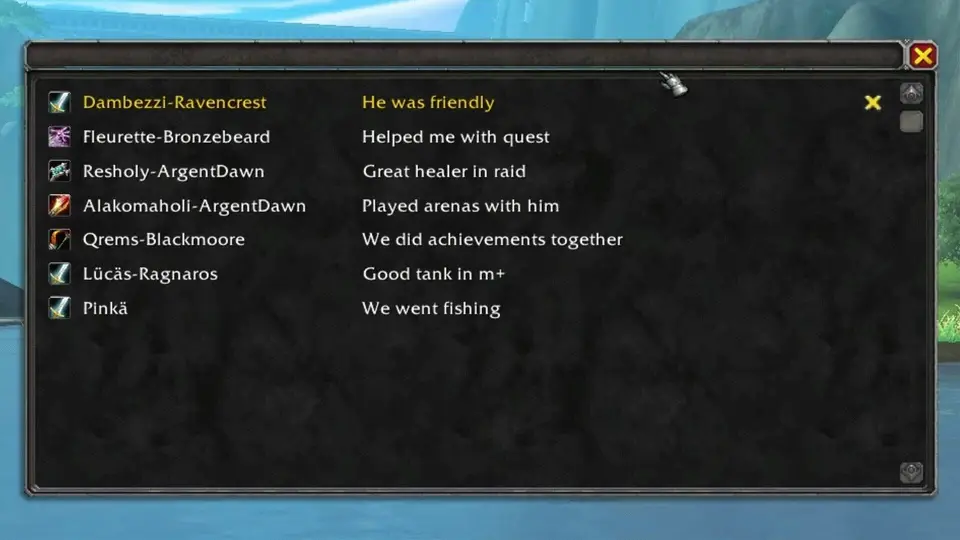 Animation: the list of notes with player names, realms and short remarks such as Great healer in raid