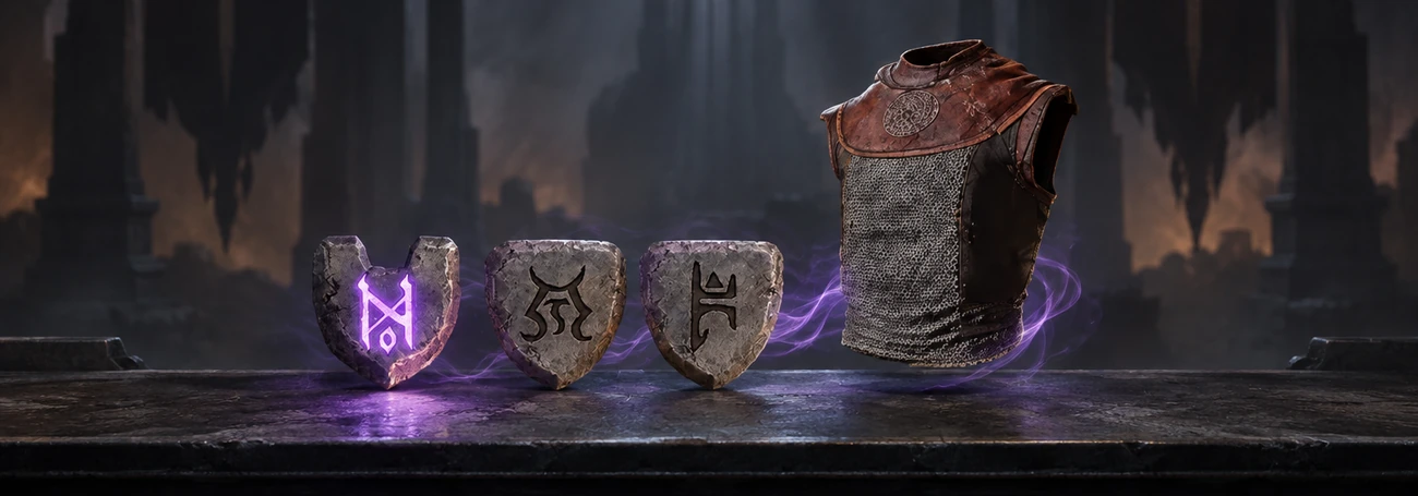 Jah, Ith and Ber runes beside Enigma chest armor during Runeword crafting in Diablo 4