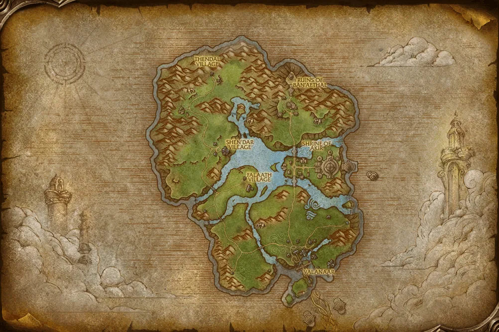 The Zephras Isle zone map fully revealed, with Thendal Village, Shen'dar Village, Falaath Village, Ruins of Ban'Aethal, Shrine of Akir and Valanaar labeled.