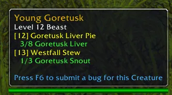 Mob tooltip of a Young Goretusk showing the two quests that need its drops and the progress