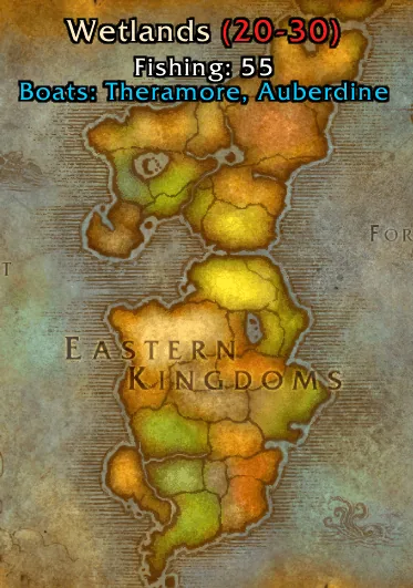 Map tooltip for Wetlands with level 20–30, fishing skill 55 and a blue line listing the boats to Theramore and Auberdine.
