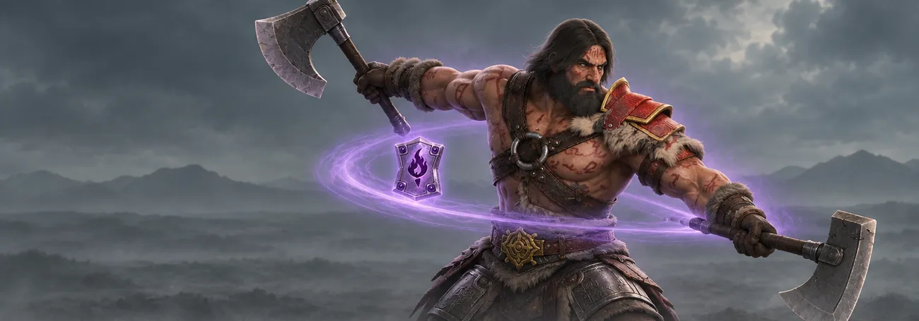 A Barbarian spins with two axes in Whirlwind while a glowing Hellfire Torch charm circles him in violet light