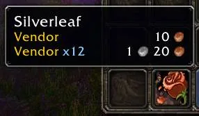 A Silverleaf tooltip showing the vendor price of one herb and of a stack of twelve