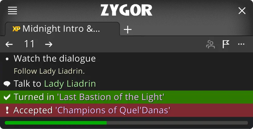 The Zygor guide viewer showing a step list with a quest turned in in green, a quest accepted in red and a progress bar at the bottom