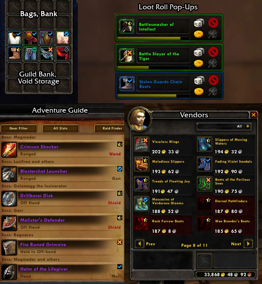 Status icons on items in bags, loot roll pop-ups, the Adventure Guide loot list and a vendor window