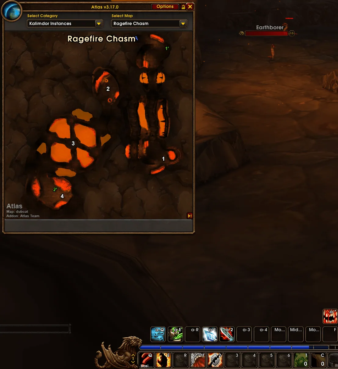 A small Atlas window with the map of Ragefire Chasm and numbered boss positions, next to the action bars