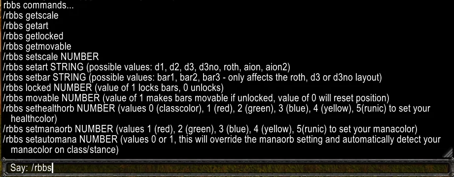 The /rbbs command list in the chat window with setart, setbar, locked, movable and the orb color commands