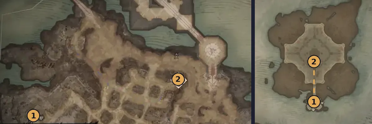 Two map views: Skovos with Tyrael's Encampment and the first Altar of the Heifer marked, and the Bovine Sanctum island with the arrival point and the arena altar marked