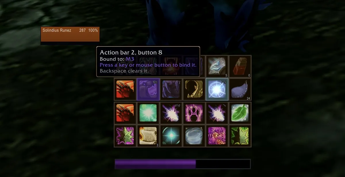 Keybind mode with the tooltip of a button showing its current binding