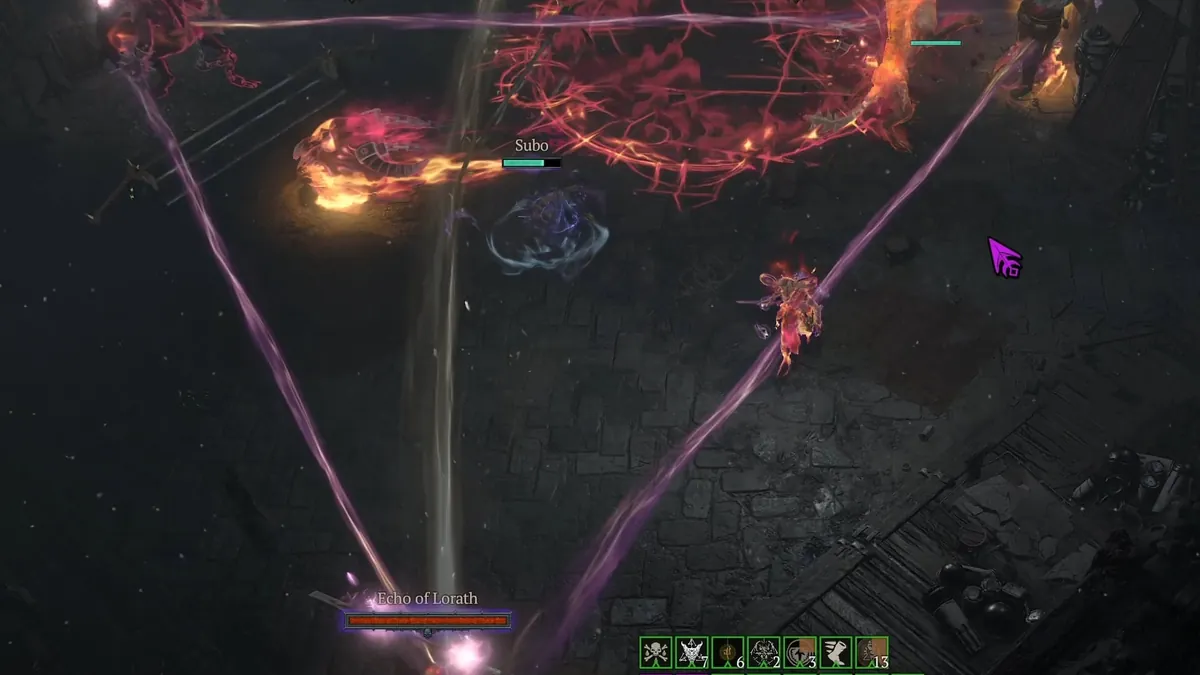 The three Echoes of the Unlucky Council form a purple triangle of light lines across the arena in Diablo 4, Echo of Lorath at the bottom corner
