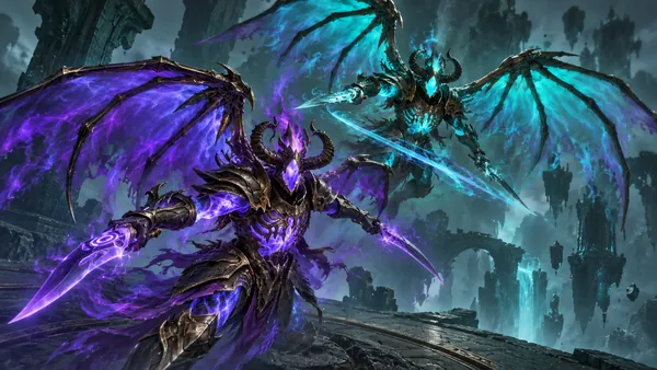 Violet and turquoise winged Reapers in the ruins of Pandemonium