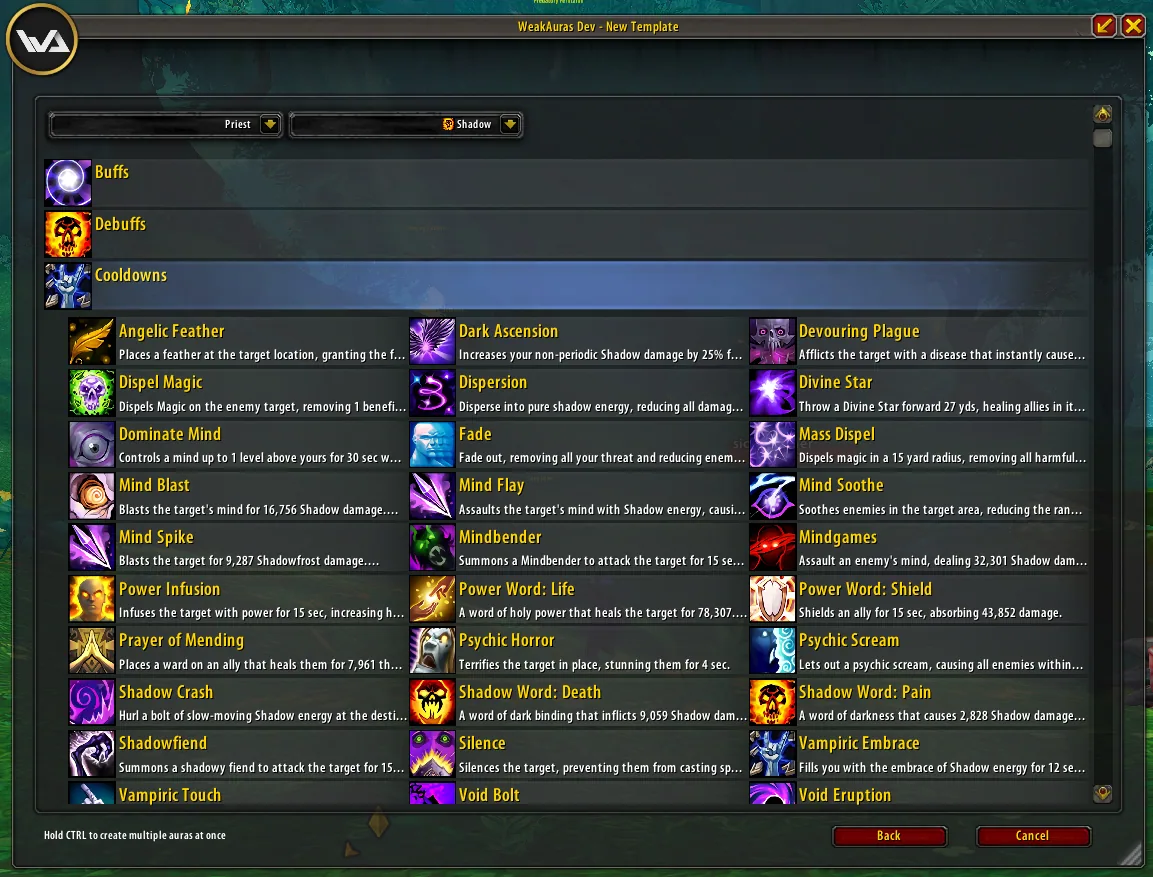 The New Template window for a Shadow Priest with buff, debuff and cooldown spells to pick from.