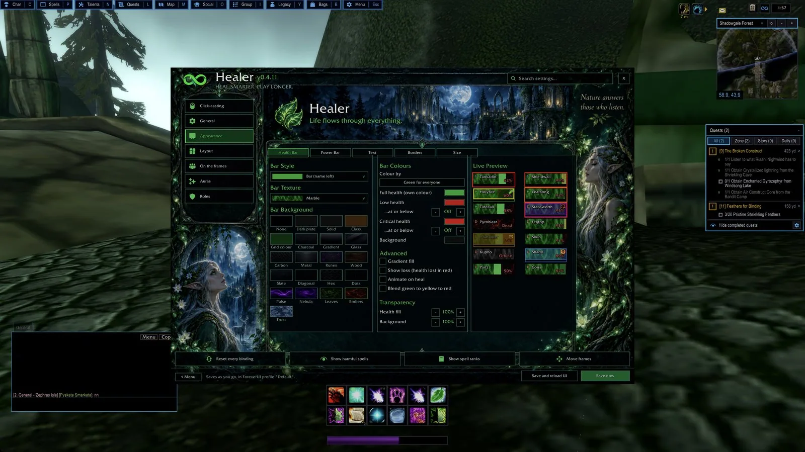 Health bar appearance settings with a live preview