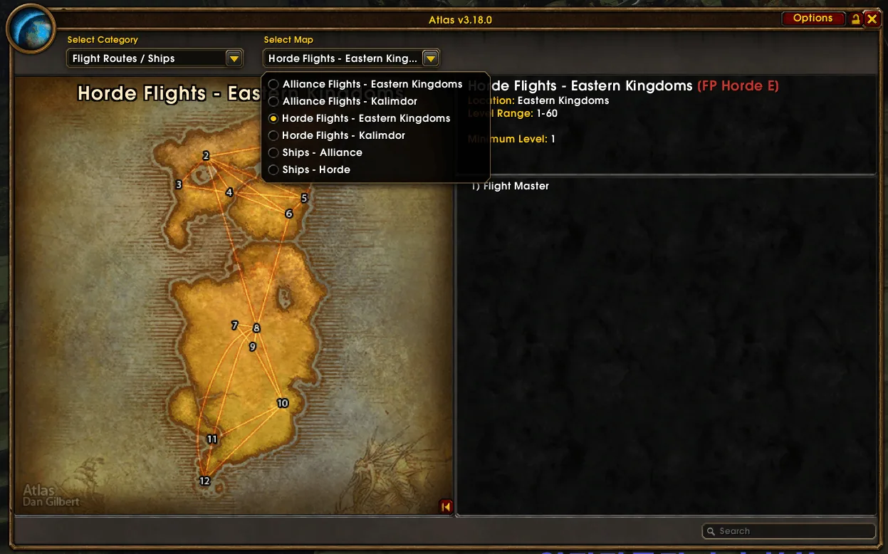 A map of the Horde flight routes in the Eastern Kingdoms with numbered flight points and the list of route maps open in the dropdown