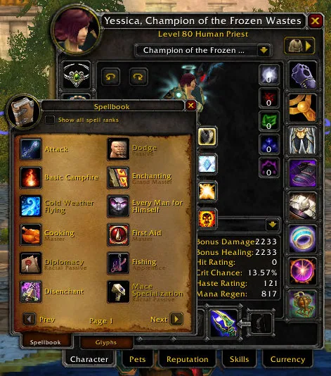 The spellbook window dragged on top of the character window, both with their default look.