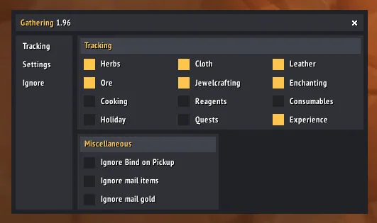 The Tracking tab of the Gathering settings with check boxes for herbs, ore, cloth, leather, cooking, enchanting and more categories.