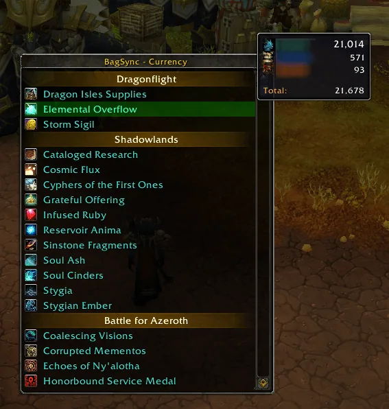 The BagSync Currency window with currencies grouped by expansion and a tooltip that shows the amount per character.