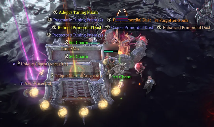 Loot spilled around Mephisto's Hoard: Unique and Set Charms, a Vex rune, Tuning Prisms and Primordial Dust