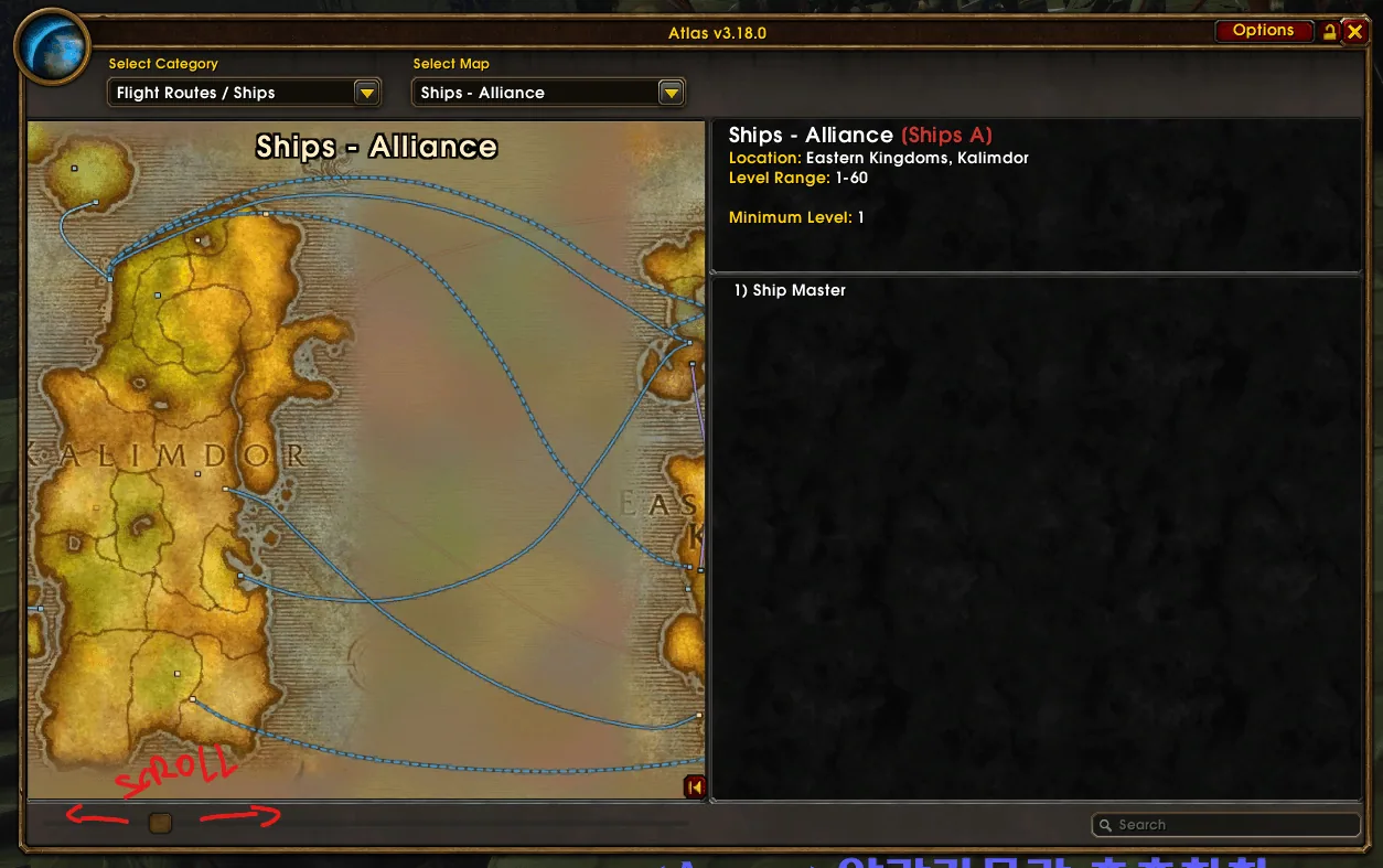 The Alliance ship routes drawn as blue lines between Kalimdor and the Eastern Kingdoms, with a scroll bar below the map