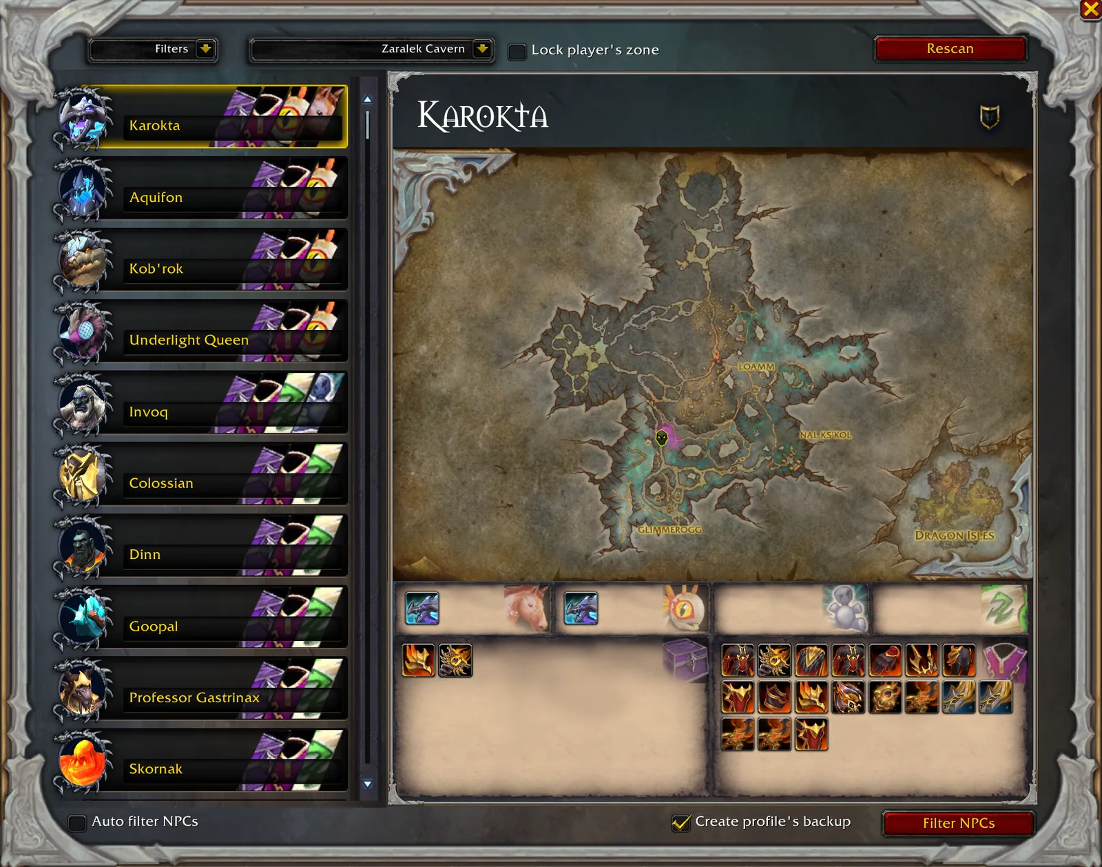 The rare explorer window with a list of NPCs on the left, a zone map in the middle and the loot of the selected NPC