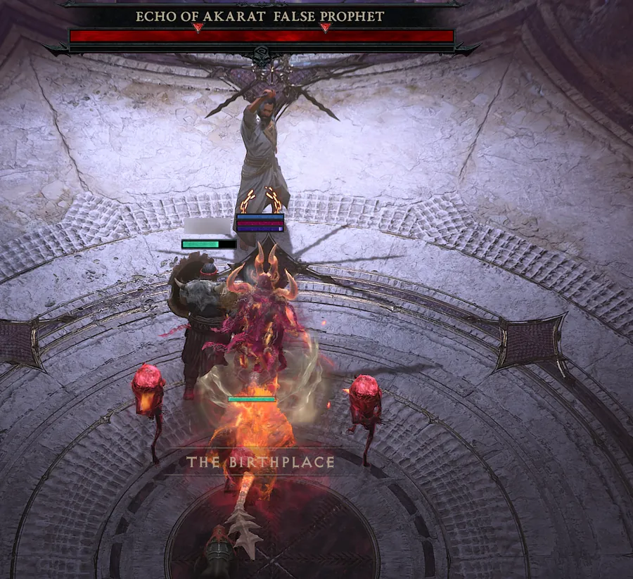 Echo of Akarat raising his arm in The Birthplace at the start of the Mephisto fight