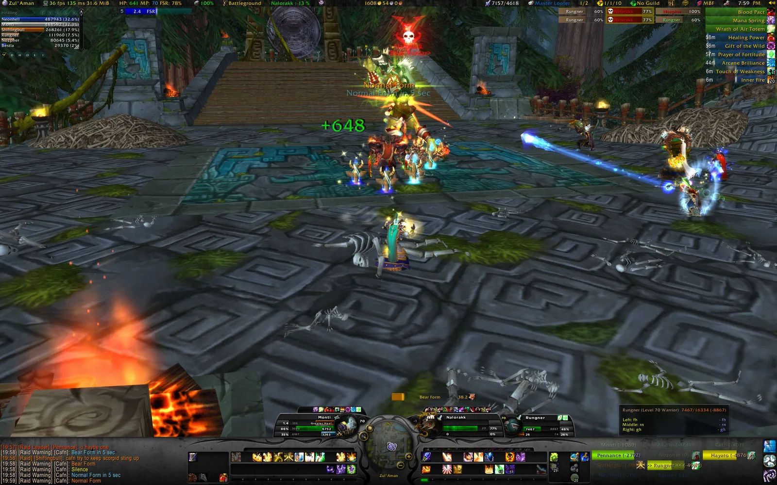 A boss fight in Zul'Aman with HealBot bars at the bottom right and a tooltip listing the click spells