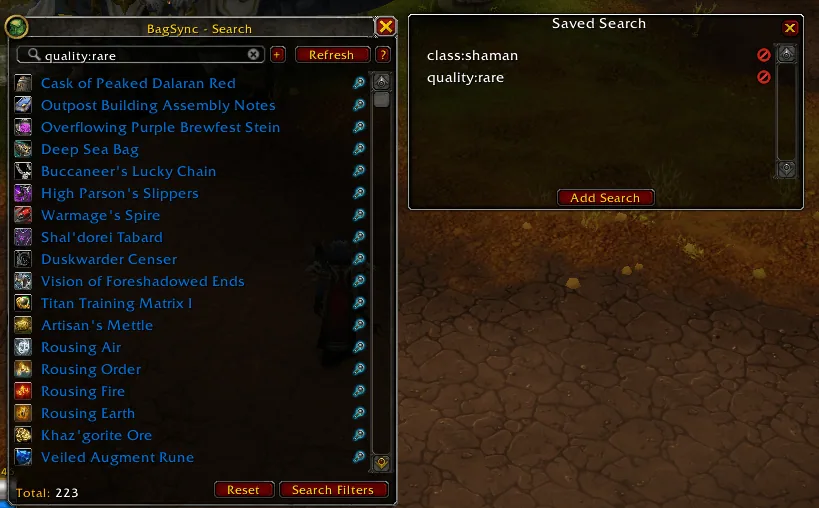 The BagSync search window with the term quality:rare next to the Saved Search window that lists two saved searches.