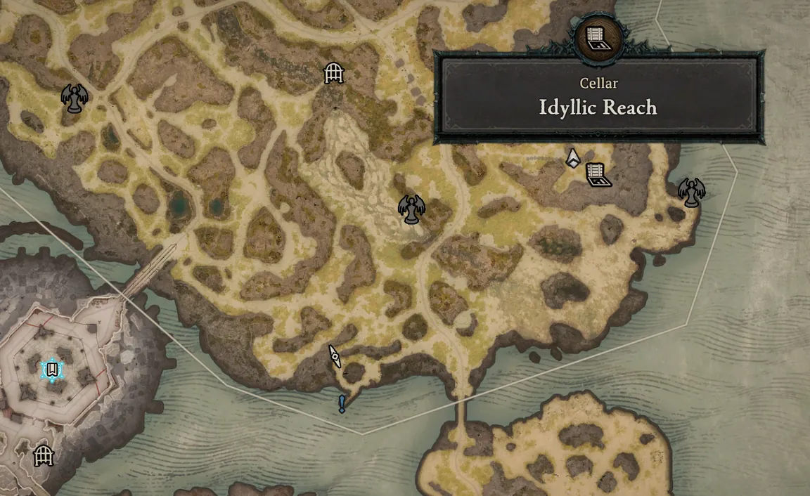 Diablo 4 map of Philios with the tooltip Cellar, Idyllic Reach, east of the city of Temis