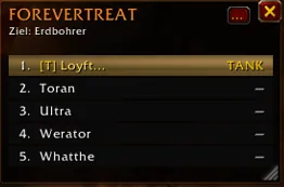 The ForeverThreat window in game listing five players by threat, the tank marked with [T] and the target named in the header