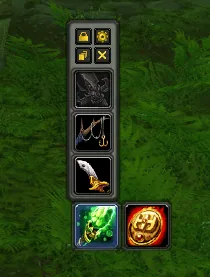 A small ItemRack quick-access bar with lock and settings icons, three slot buttons and two item icons at the bottom
