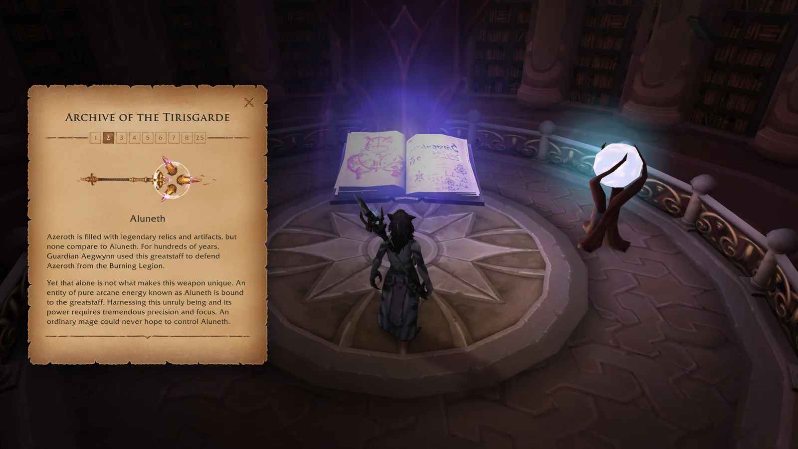 The book panel in parchment style showing a lore text with page buttons and an item picture.