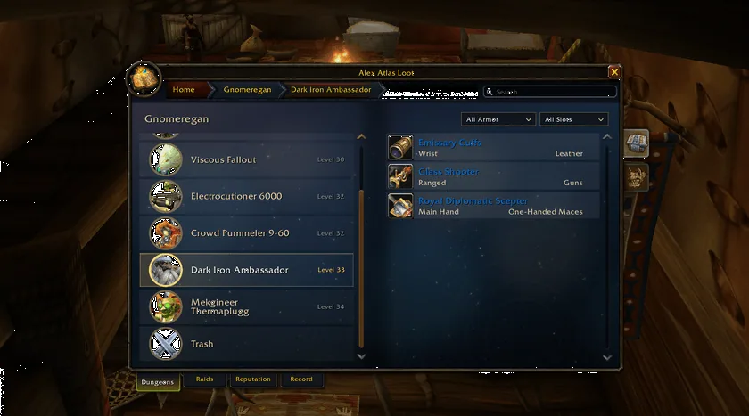 Gnomeregan with its boss list on the left and the Dark Iron Ambassador selected, his three drops on the right with slot and armor type and filters above