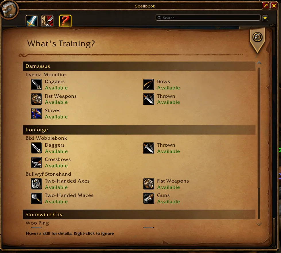 The weapon skills page grouped by city, showing which weapon skills each trainer in Darnassus, Ironforge and Stormwind City can teach
